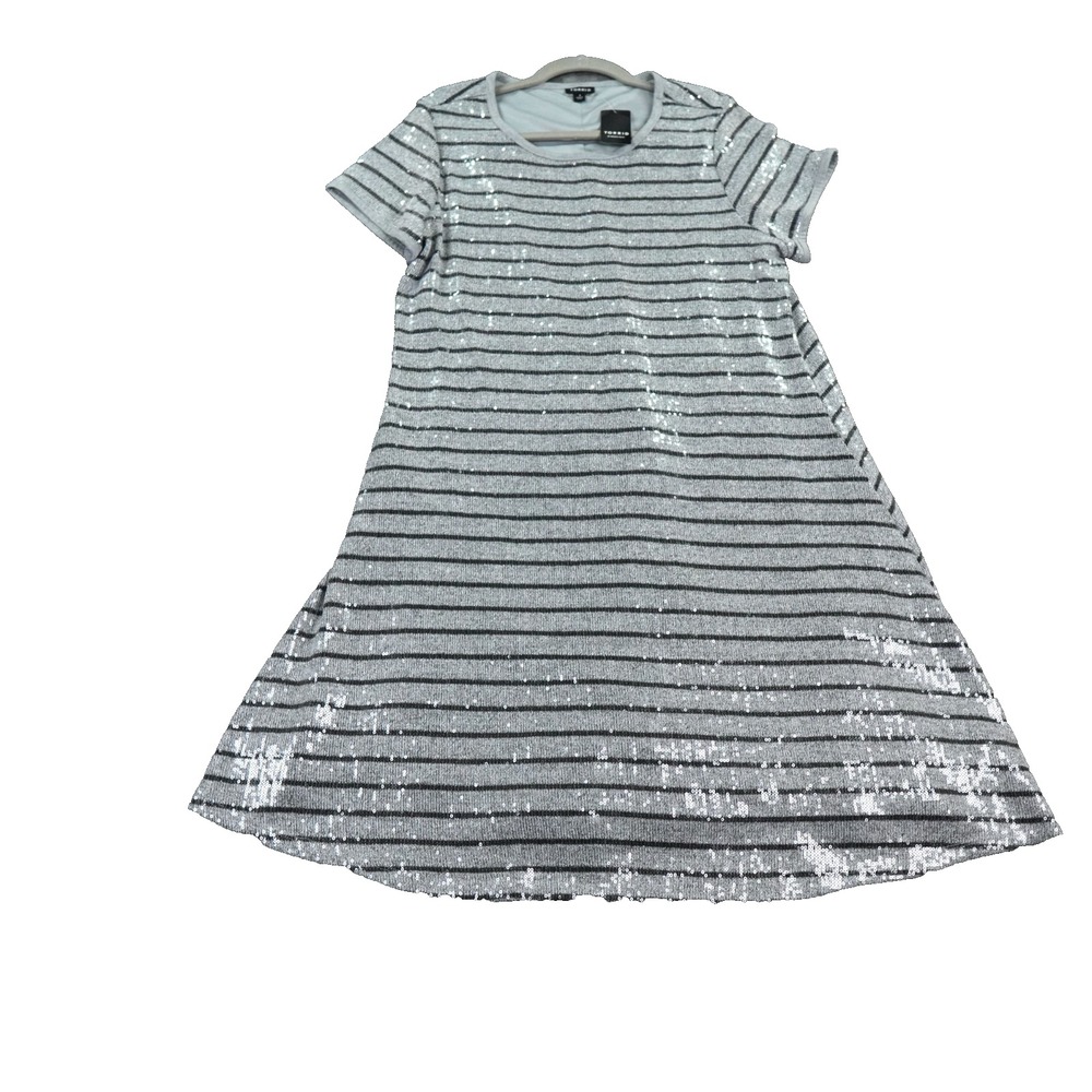 Torrid Sequin A-Line Dress 1 / 1X Grey Black Stripe Stretch Short Sleeve New Tag